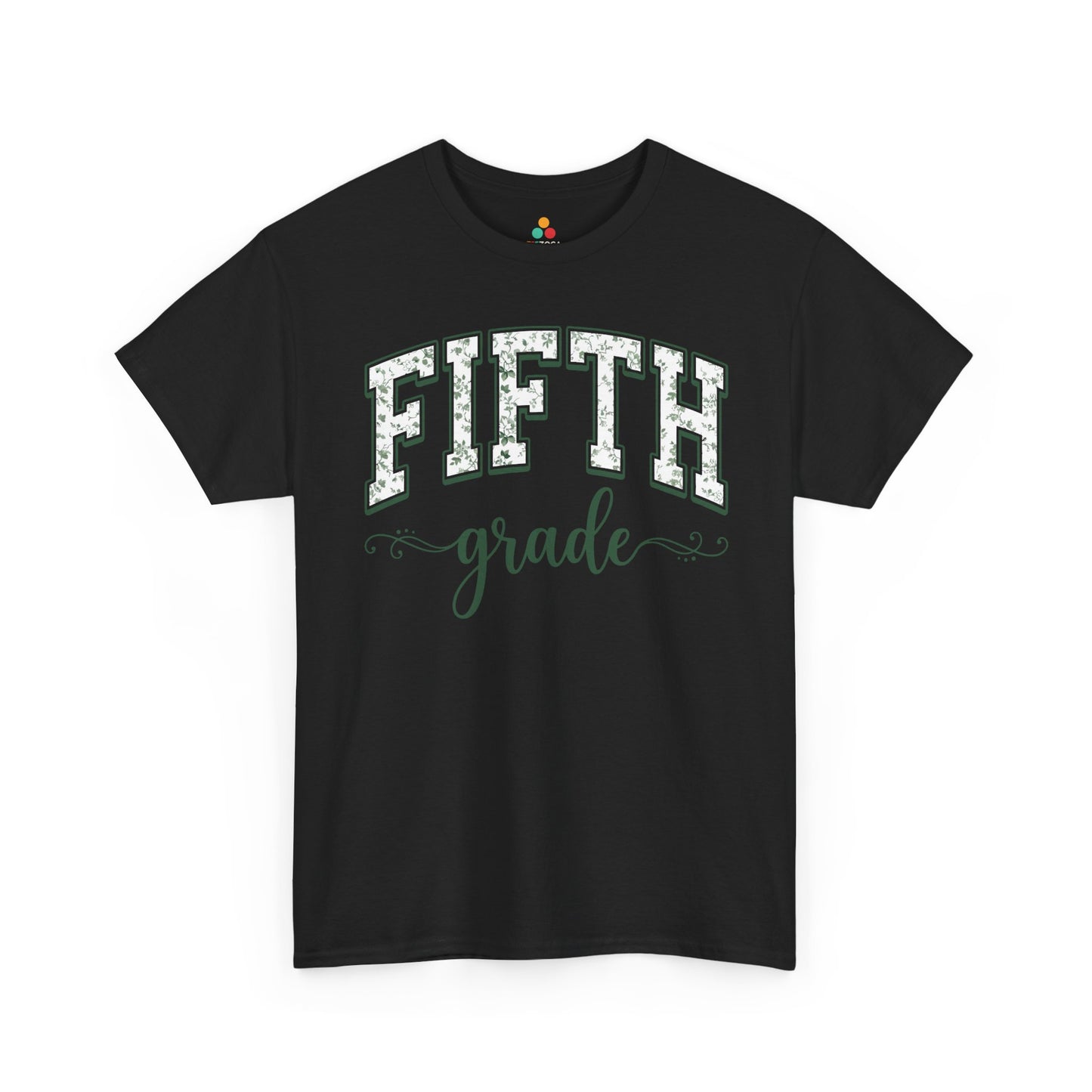 Black t-shirt with 'Fifth grade' text on a white background. TEEZOCA fifth grade teacher shirt featuring sage floral varsity lettering, a cute back to school tee for teachers.
