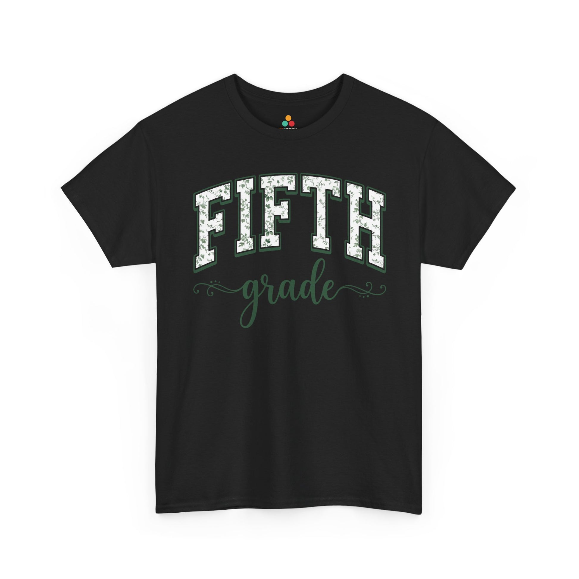 Black t-shirt with 'Fifth grade' text on a white background. TEEZOCA fifth grade teacher shirt featuring sage floral varsity lettering, a cute back to school tee for teachers.
