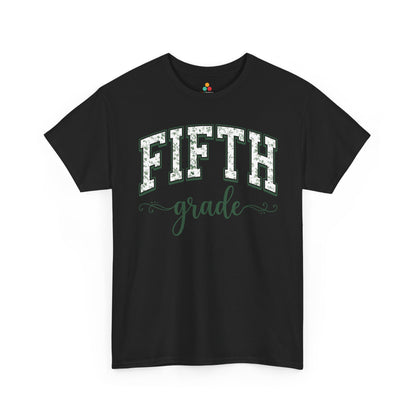 Black t-shirt with 'Fifth grade' text on a white background. TEEZOCA fifth grade teacher shirt featuring sage floral varsity lettering, a cute back to school tee for teachers.
