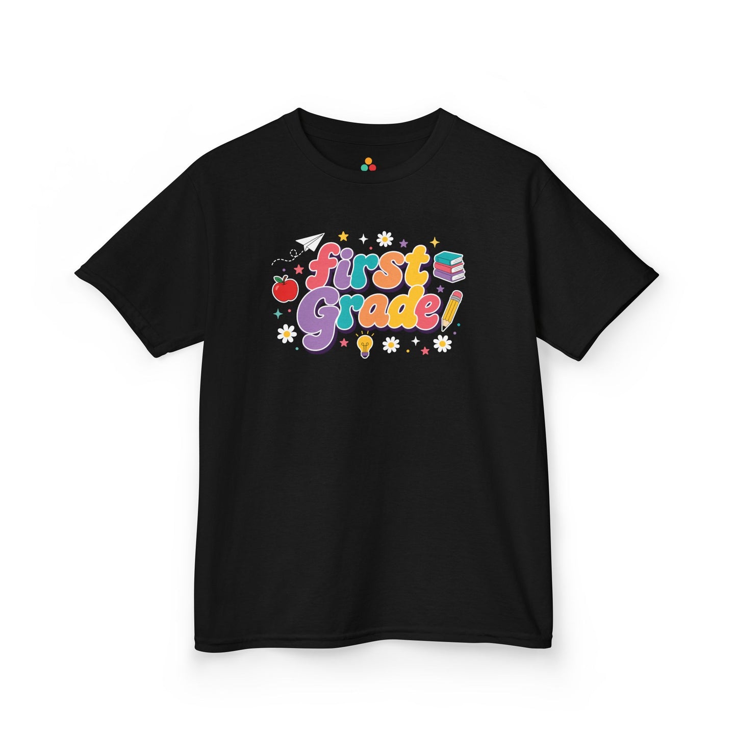 Black t-shirt with 'First Grade!' design on a white background. TEEZOCA t-shirt styled as a back to school shirt kids can wear with backpacks, bows, sneakers, or chalkboard signs.