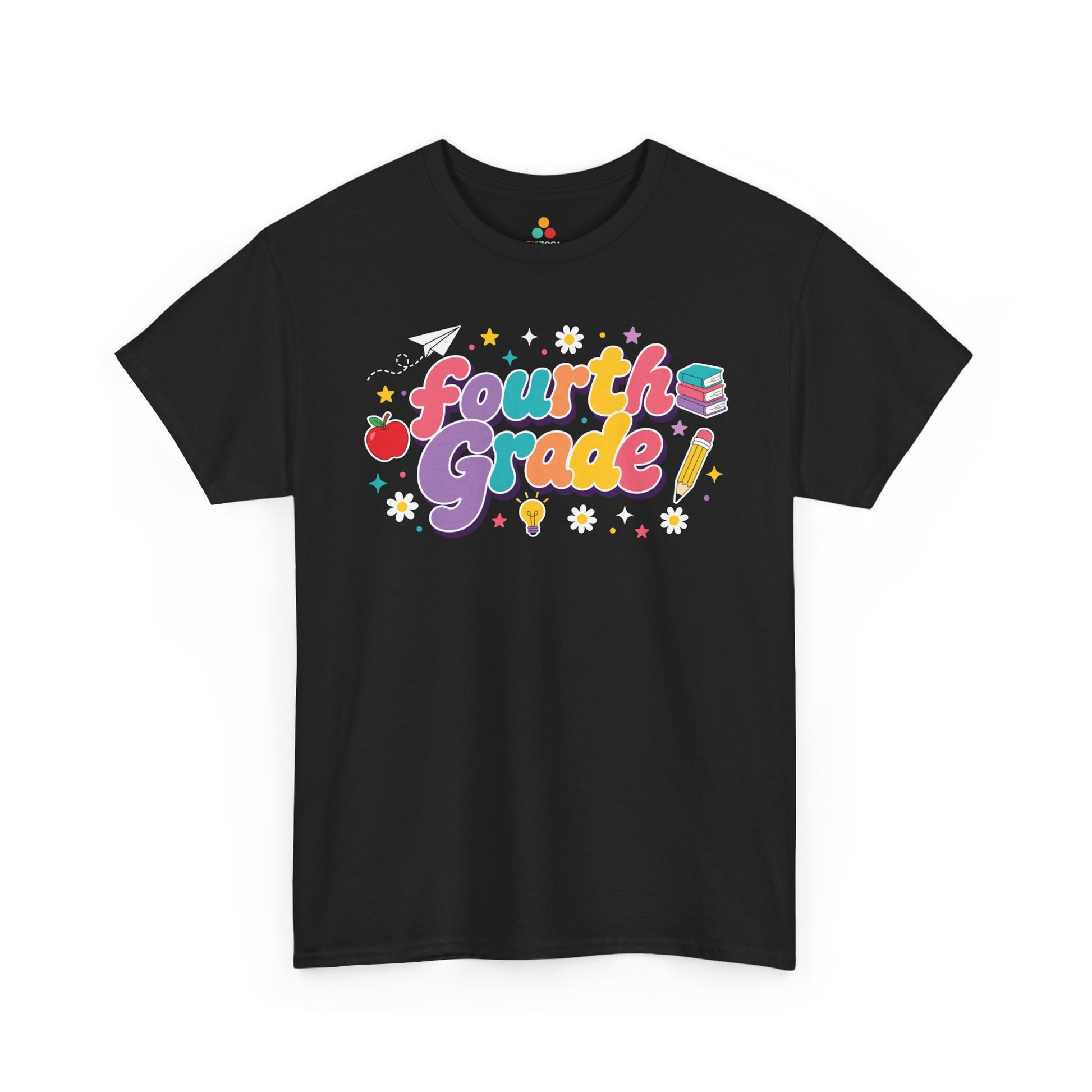 Black t-shirt with 'Fourth Grade!' text in colorful letters on a white background. Colorful TEEZOCA fourth grade teacher t-shirt with coral, lavender, teal, peach, and yellow lettering, created for classroom teams.