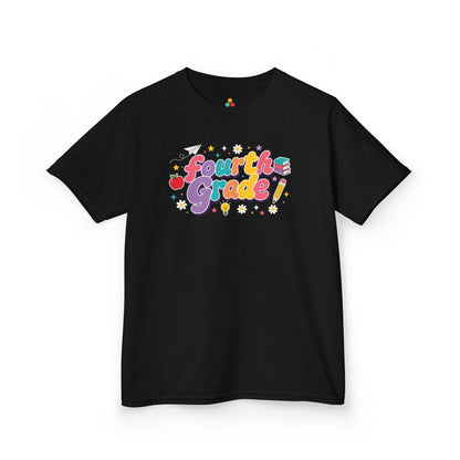 Black t-shirt with 'Fourth Grade!' text on a white background. Bright TEEZOCA t-shirt featuring Fourth Grade word art, an apple, pencil, books, and a first day of fourth grade shirt look.