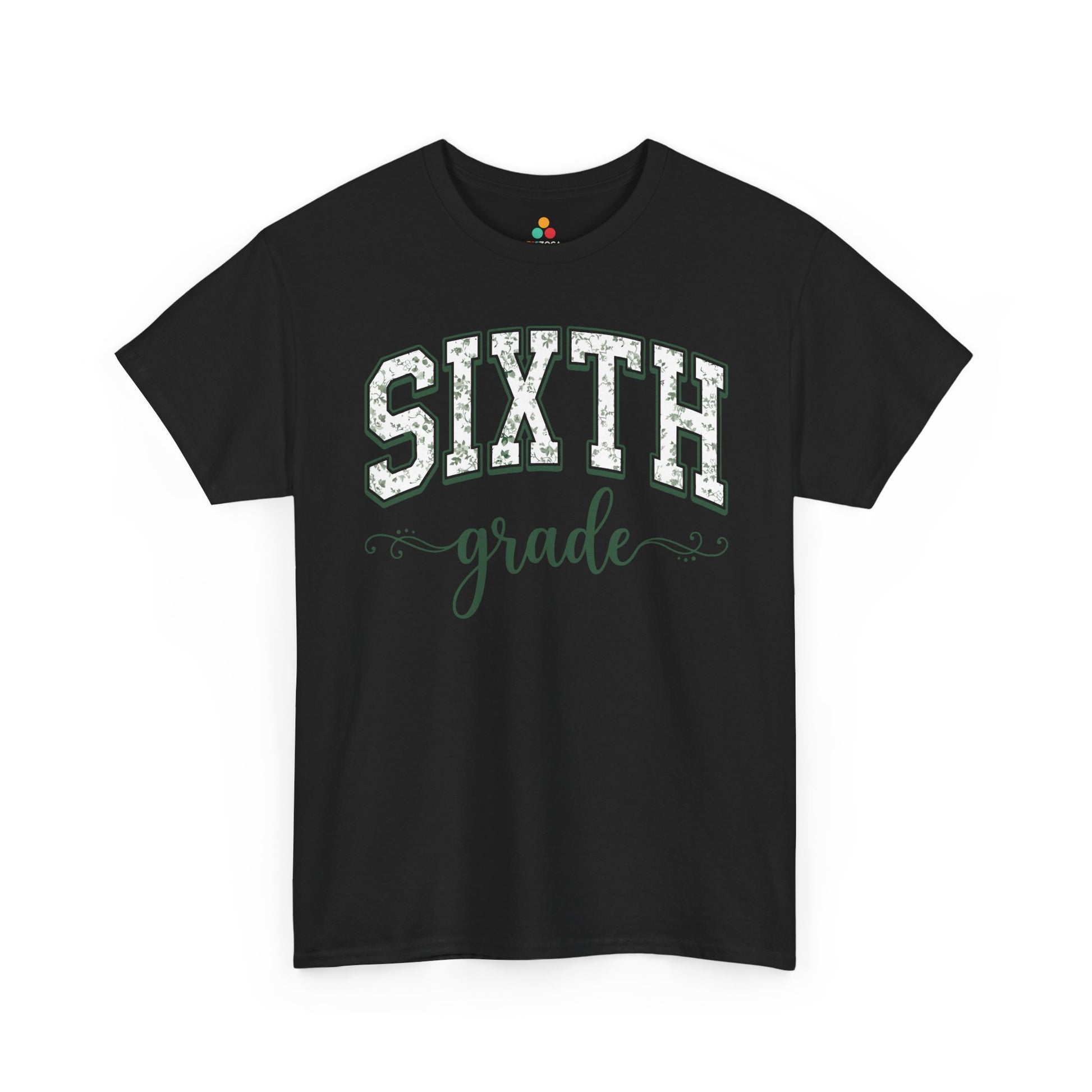 Black t-shirt with 'SIXTH grade' text on a white background. TEEZOCA sixth grade teacher shirt featuring sage floral varsity lettering, a cute back to school tee for teachers.
