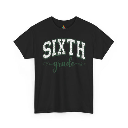 Black t-shirt with 'SIXTH grade' text on a white background. TEEZOCA sixth grade teacher shirt featuring sage floral varsity lettering, a cute back to school tee for teachers.
