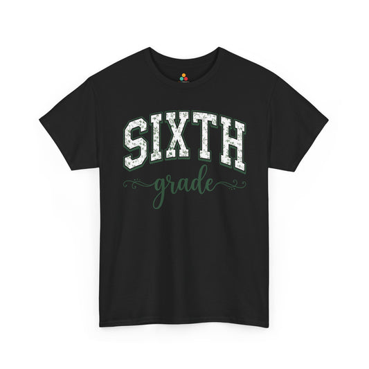 Black t-shirt with 'SIXTH grade' text on a white background. TEEZOCA sixth grade teacher shirt featuring sage floral varsity lettering, a cute back to school tee for teachers.
