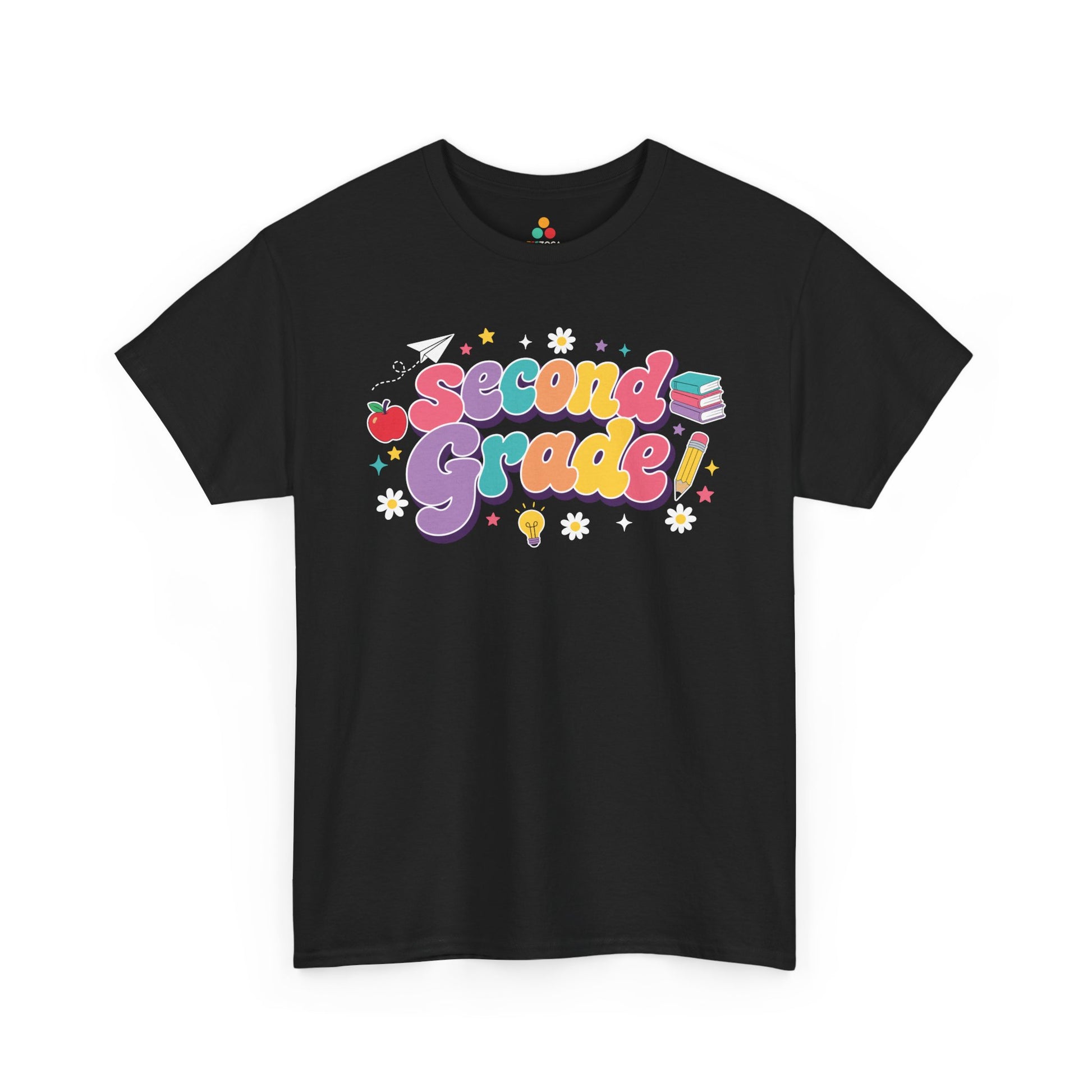 Black t-shirt with 'Second Grade!' text in colorful letters on a white background. Colorful TEEZOCA second grade teacher t-shirt with coral, lavender, teal, peach, and yellow lettering, created for classroom teams.