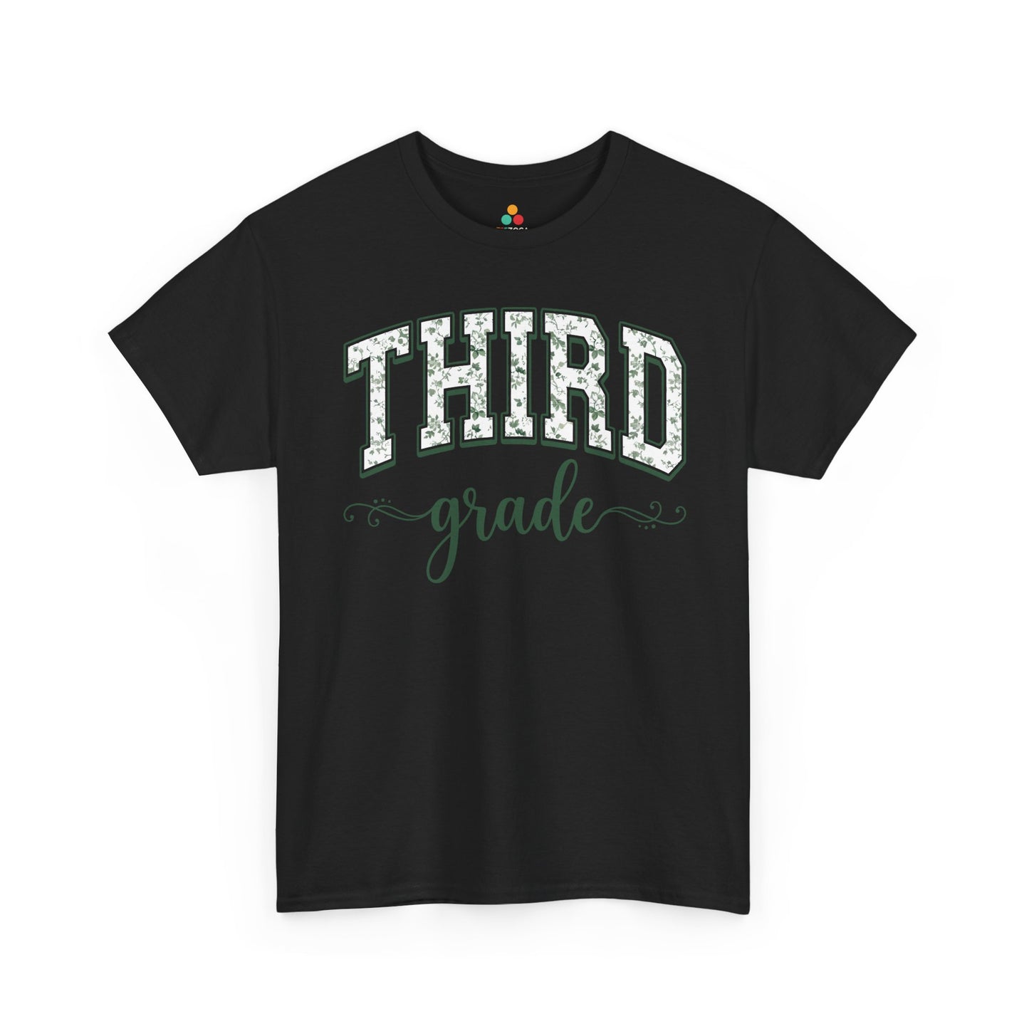 Black t-shirt with 'THIRD grade' text on a white background. TEEZOCA third grade teacher shirt featuring sage floral varsity lettering, a cute back to school tee for teachers.
