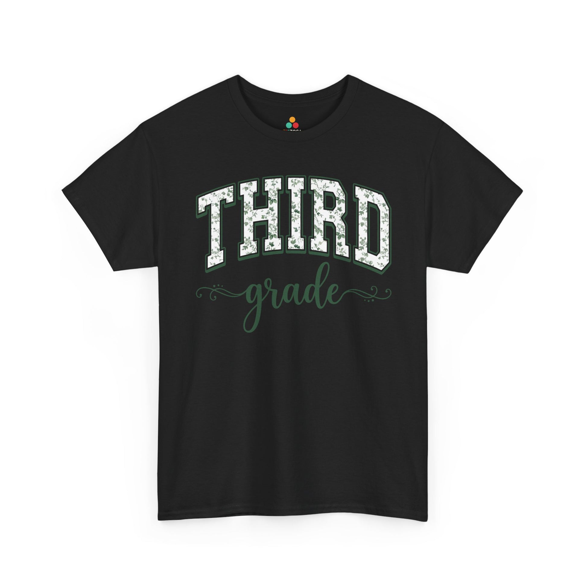 Black t-shirt with 'THIRD grade' text on a white background. TEEZOCA third grade teacher shirt featuring sage floral varsity lettering, a cute back to school tee for teachers.
