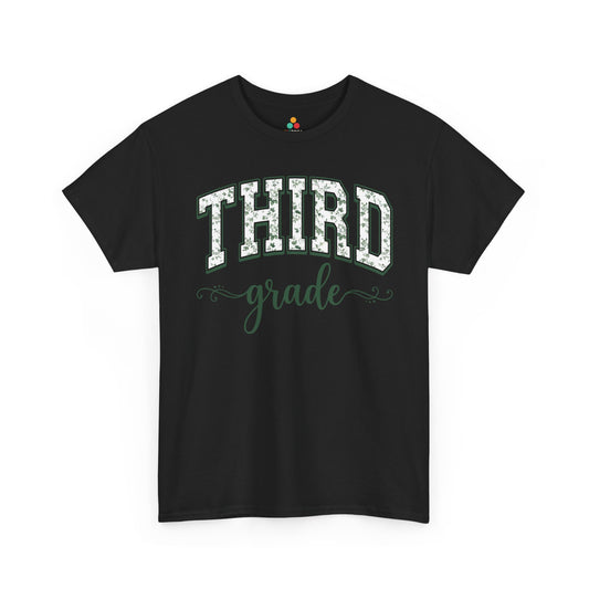 Black t-shirt with 'THIRD grade' text on a white background. TEEZOCA third grade teacher shirt featuring sage floral varsity lettering, a cute back to school tee for teachers.
