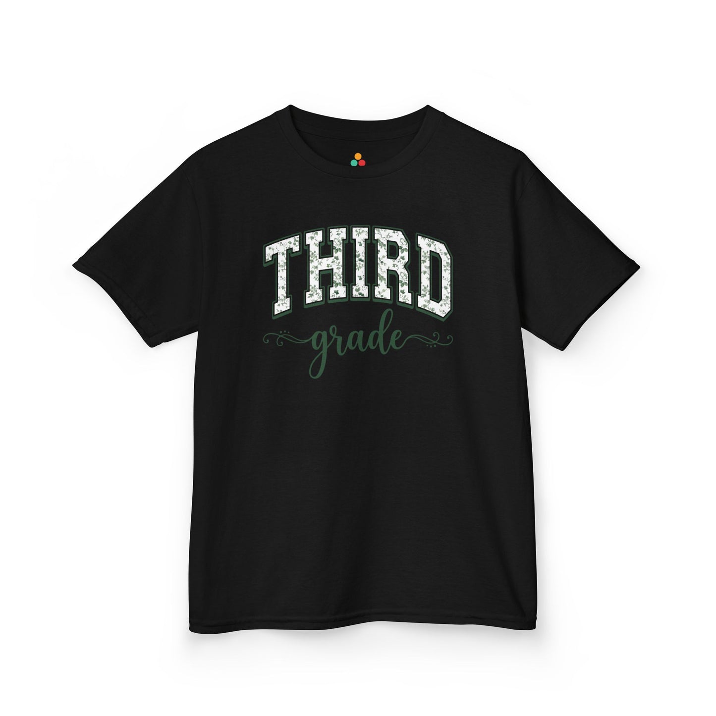 Black t-shirt with 'Third' printed in white on a white background. TEEZOCA third grade shirt for kids featuring sage floral varsity lettering, made for a child's first-day-of-school photo.
