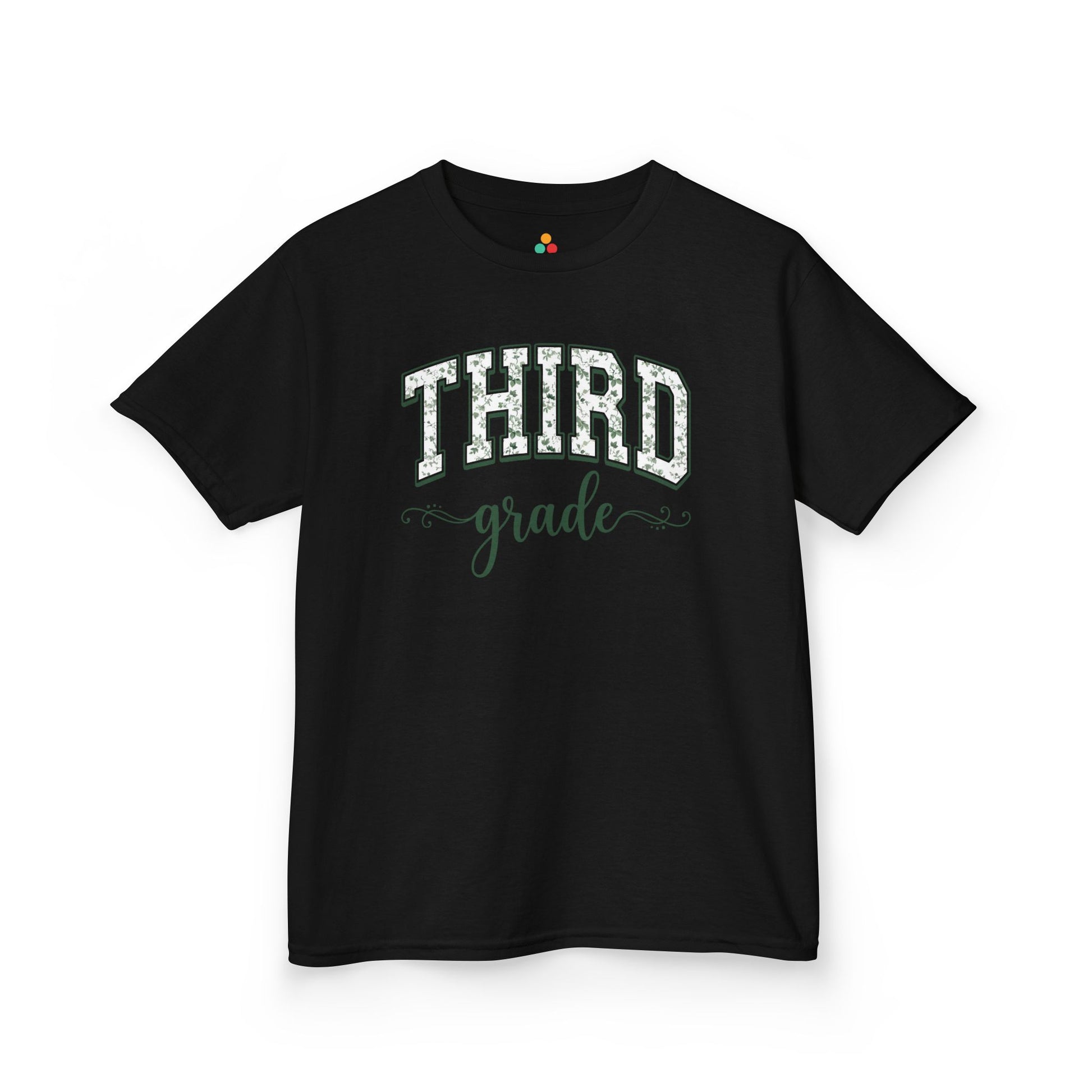 Black t-shirt with 'Third' printed in white on a white background. TEEZOCA third grade shirt for kids featuring sage floral varsity lettering, made for a child's first-day-of-school photo.
