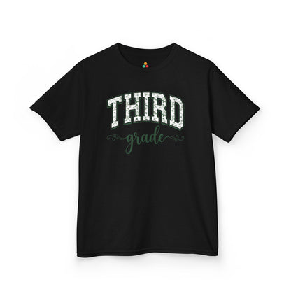 Black t-shirt with 'Third' printed in white on a white background. TEEZOCA third grade shirt for kids featuring sage floral varsity lettering, made for a child's first-day-of-school photo.
