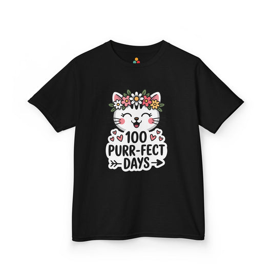 Black t-shirt with a cat graphic and '100 Purr-fect Days' text on a white background. Perfect for girls on 100 days of school celebration