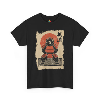 Black t-shirt with a graphic of A Vintage Japanese ukiyo-e style bear samurai in red armor with red sun background.​

