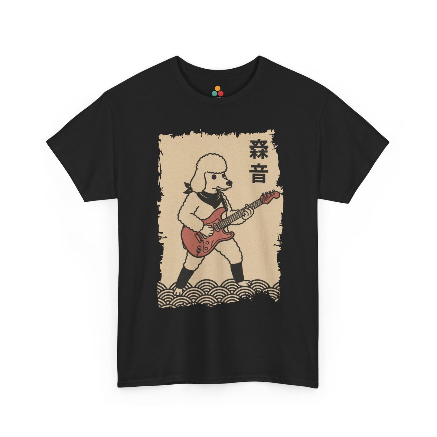 Black t-shirt with a graphic of a Vintage Japanese ukiyo-e style poodle playing electric guitar with wave pattern.​

