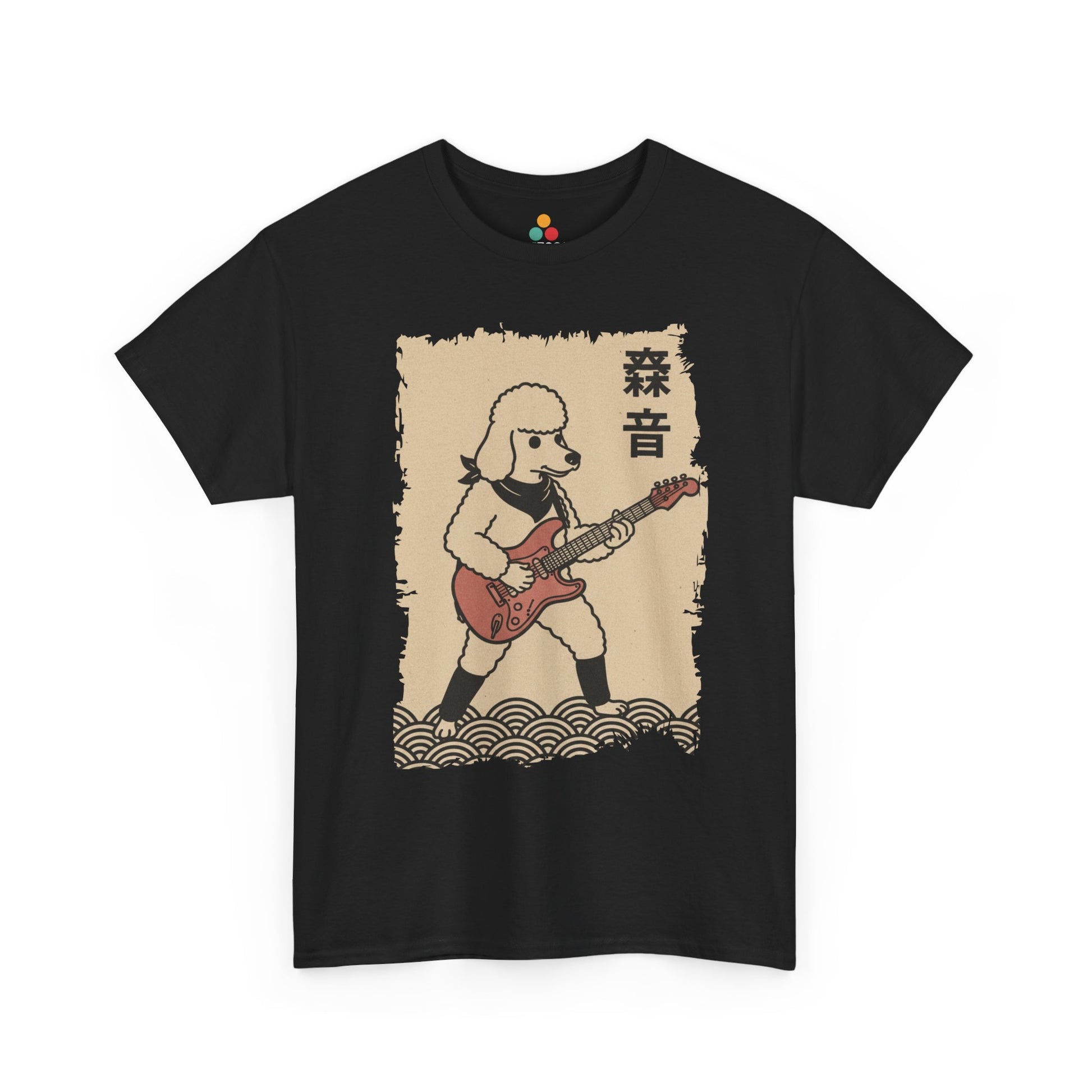 Black t-shirt with a graphic of a Vintage Japanese ukiyo-e style poodle playing electric guitar with wave pattern.​

