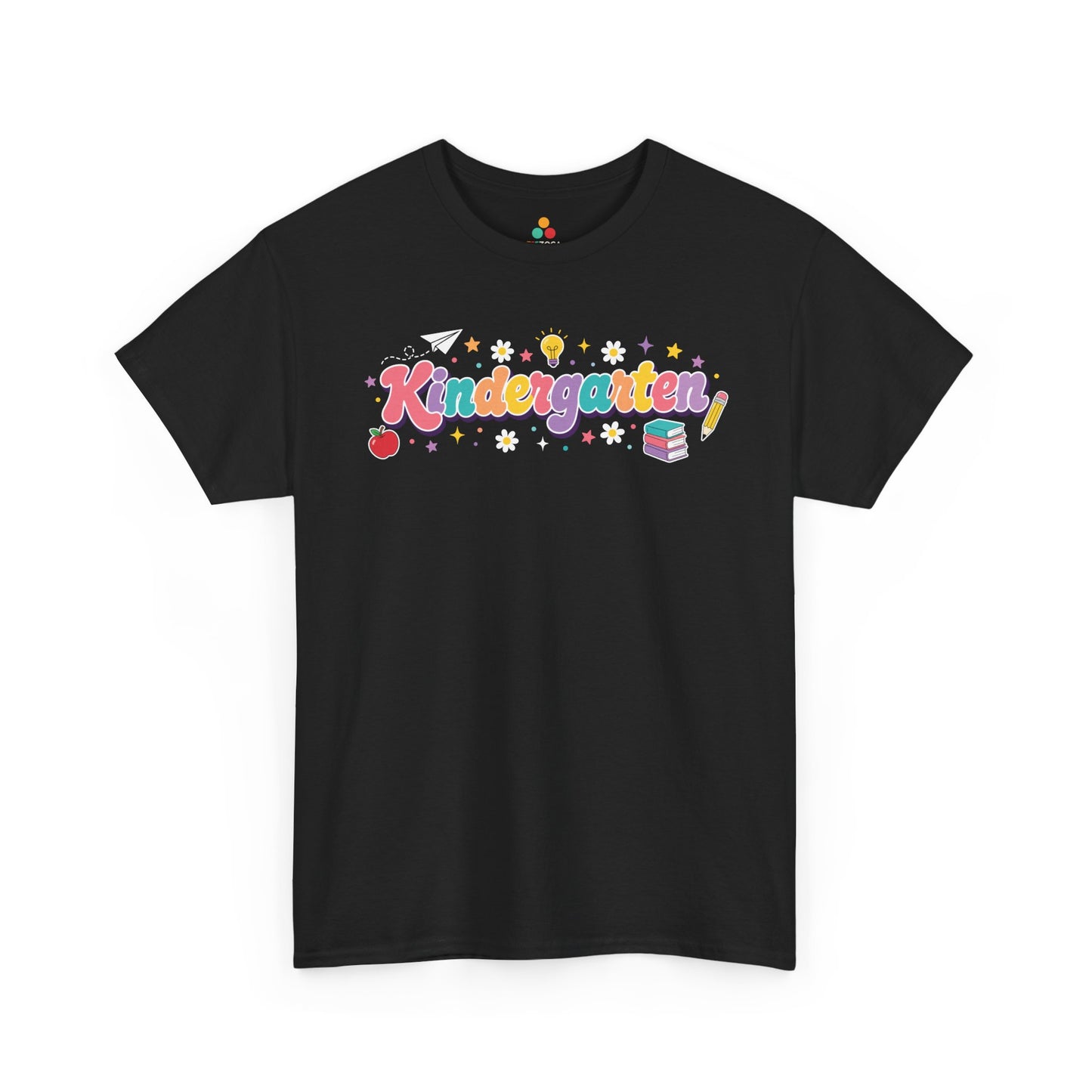 Black t-shirt with colorful 'Kindergarten' design on a white background. Colorful TEEZOCA t-shirt with oversized “Kindergarten” lettering and classroom icons, designed as a kindergarten teacher t-shirt for educators who love kindergarten teacher shirts.