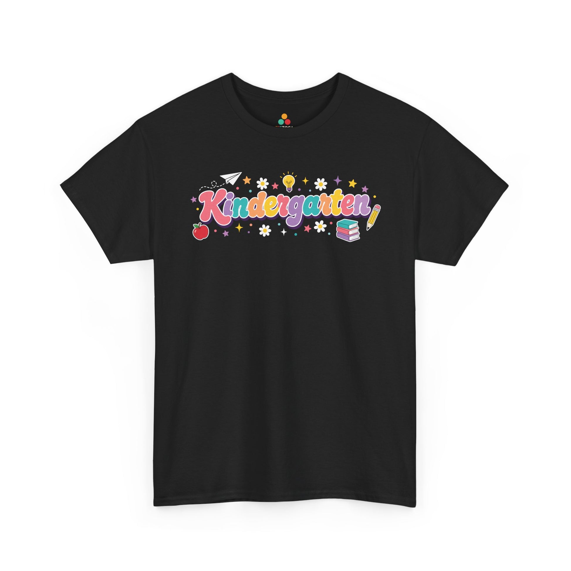 Black t-shirt with colorful 'Kindergarten' design on a white background. Colorful TEEZOCA t-shirt with oversized “Kindergarten” lettering and classroom icons, designed as a kindergarten teacher t-shirt for educators who love kindergarten teacher shirts.