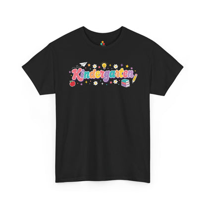Black t-shirt with colorful 'Kindergarten' design on a white background. Colorful TEEZOCA t-shirt with oversized “Kindergarten” lettering and classroom icons, designed as a kindergarten teacher t-shirt for educators who love kindergarten teacher shirts.