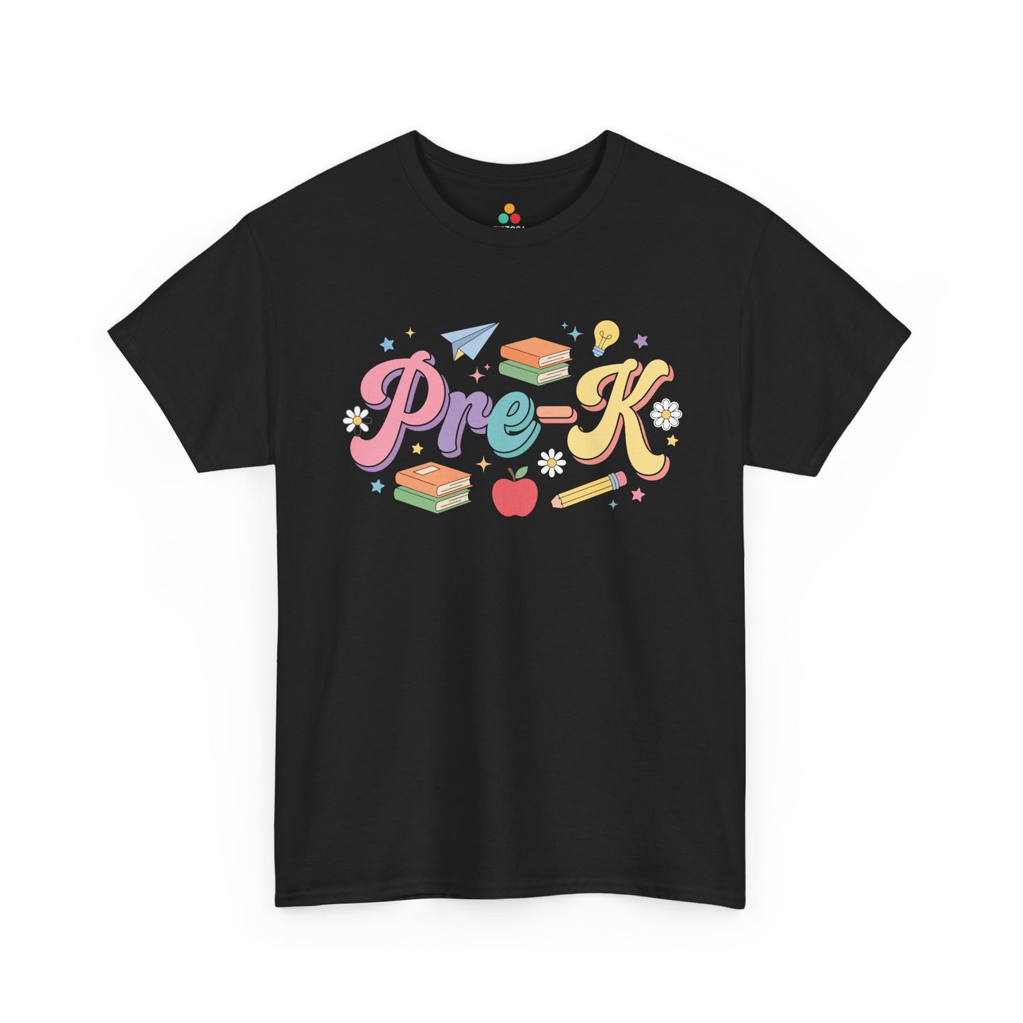 Black t-shirt with colorful 'Pre-K' design on a white background. TEEZOCA t-shirt featuring oversized pastel “Pre-K” script, layered shadows, books, stars, an apple, pencil, paper airplane, daisy, and light bulb for a pre-k teacher shirt.