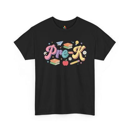 Black t-shirt with colorful 'Pre-K' design on a white background. TEEZOCA t-shirt featuring oversized pastel “Pre-K” script, layered shadows, books, stars, an apple, pencil, paper airplane, daisy, and light bulb for a pre-k teacher shirt.