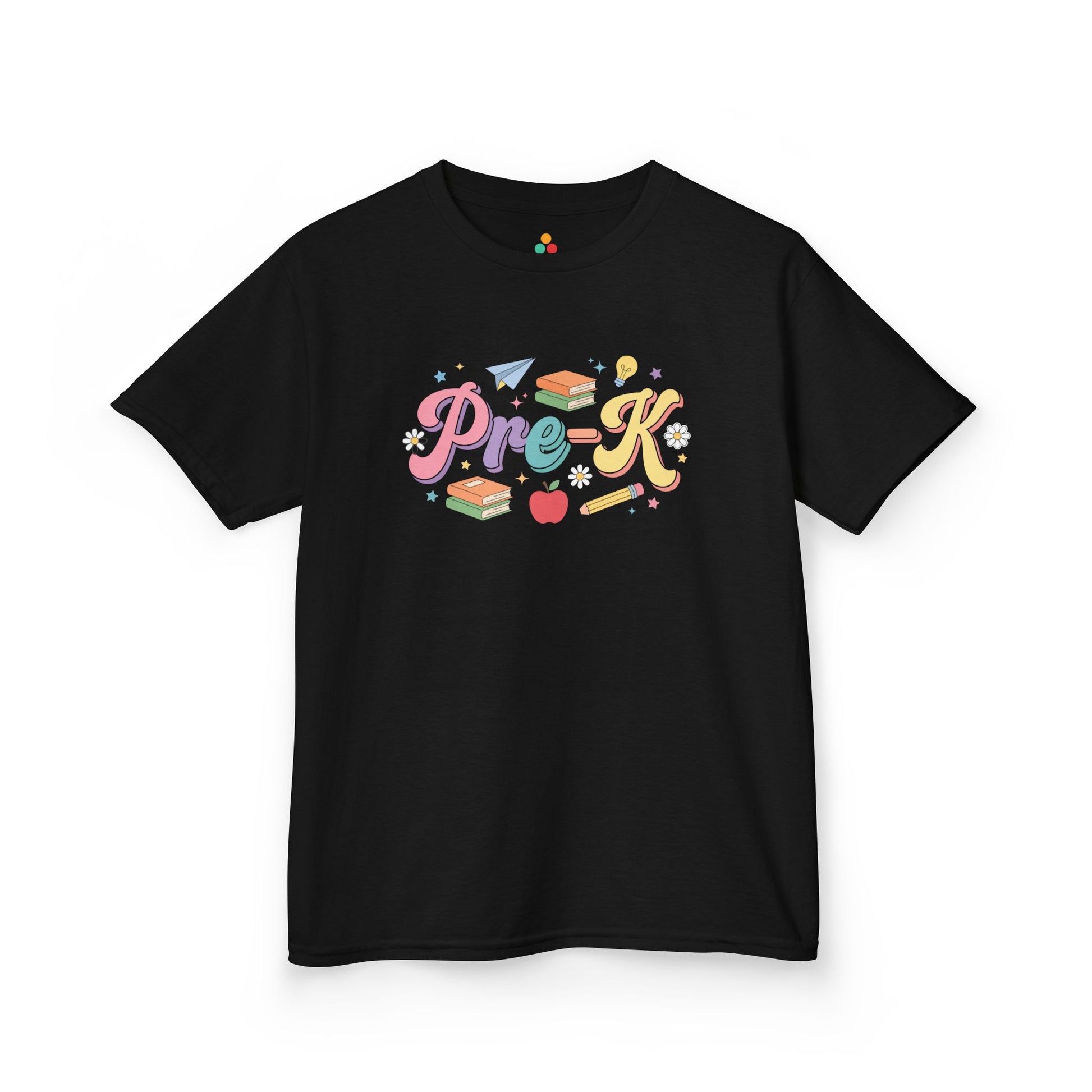 Black t-shirt with colorful 'Pre-K' design on a white background. TEEZOCA t-shirt with pastel Pre-K script lettering, school icons, stars, and daisies for a First Day of Pre-K Shirt design.