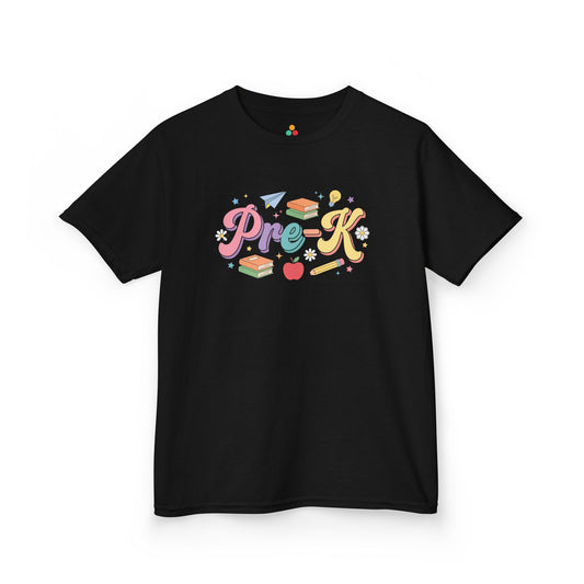 Black t-shirt with colorful 'Pre-K' design on a white background. TEEZOCA t-shirt with pastel Pre-K script lettering, school icons, stars, and daisies for a First Day of Pre-K Shirt design.