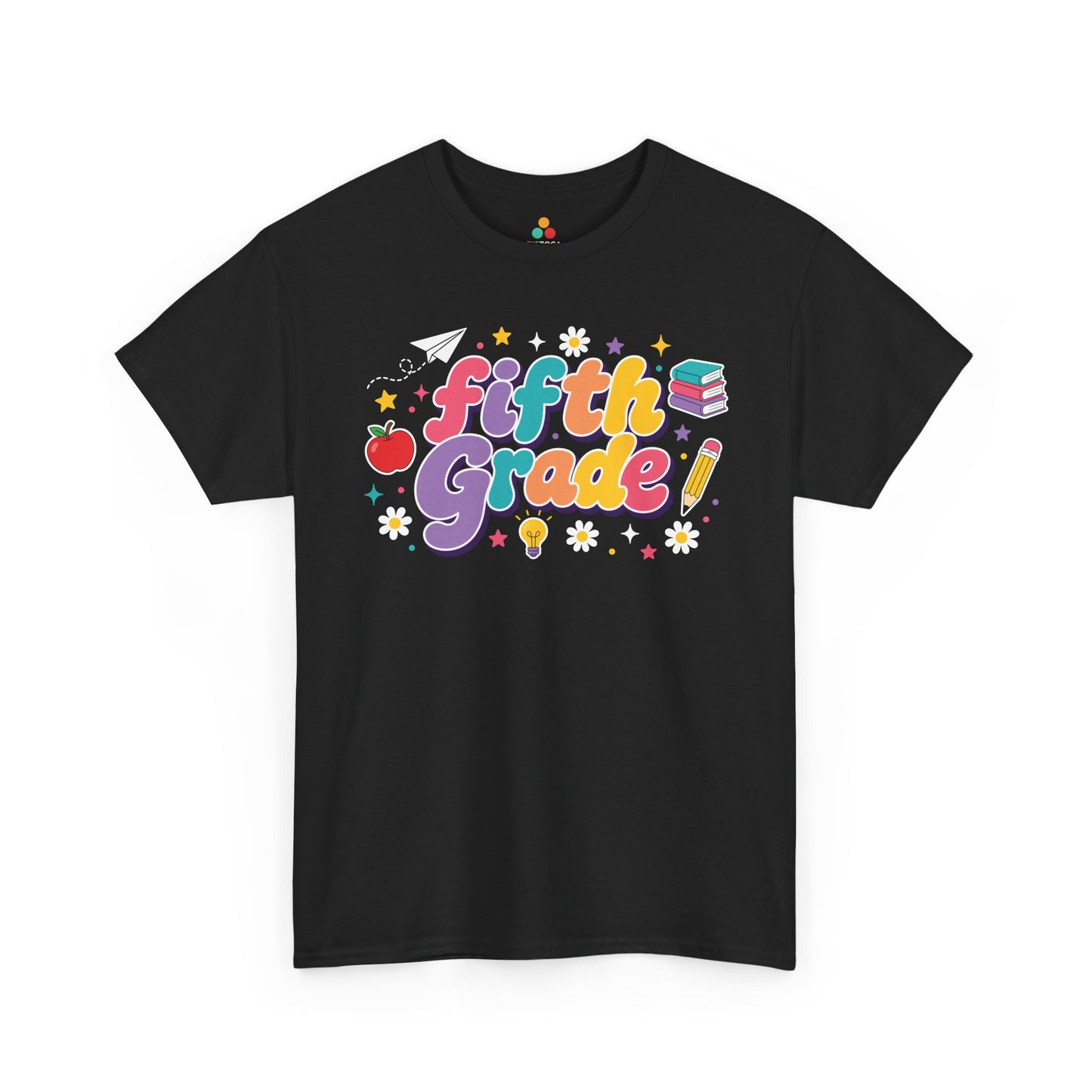 Black t-shirt with 'fifth grade!' text and educational graphics on a white background. Colorful TEEZOCA fifth grade teacher t-shirt with coral, lavender, teal, peach, and yellow lettering, created for classroom teams.