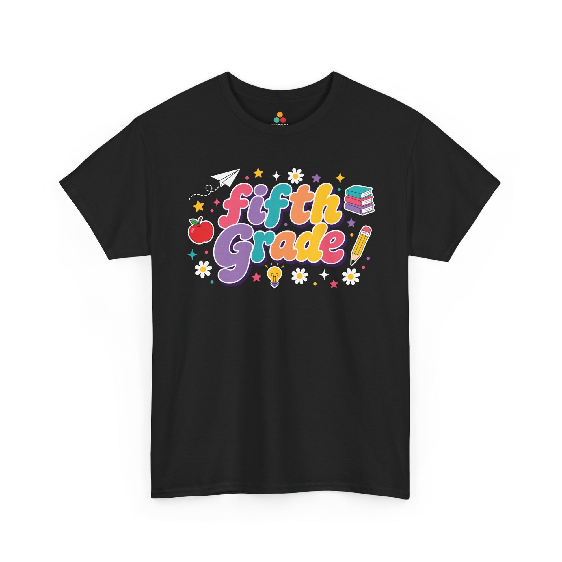 Black t-shirt with 'fifth grade!' text and educational graphics on a white background. Colorful TEEZOCA fifth grade teacher t-shirt with coral, lavender, teal, peach, and yellow lettering, created for classroom teams.