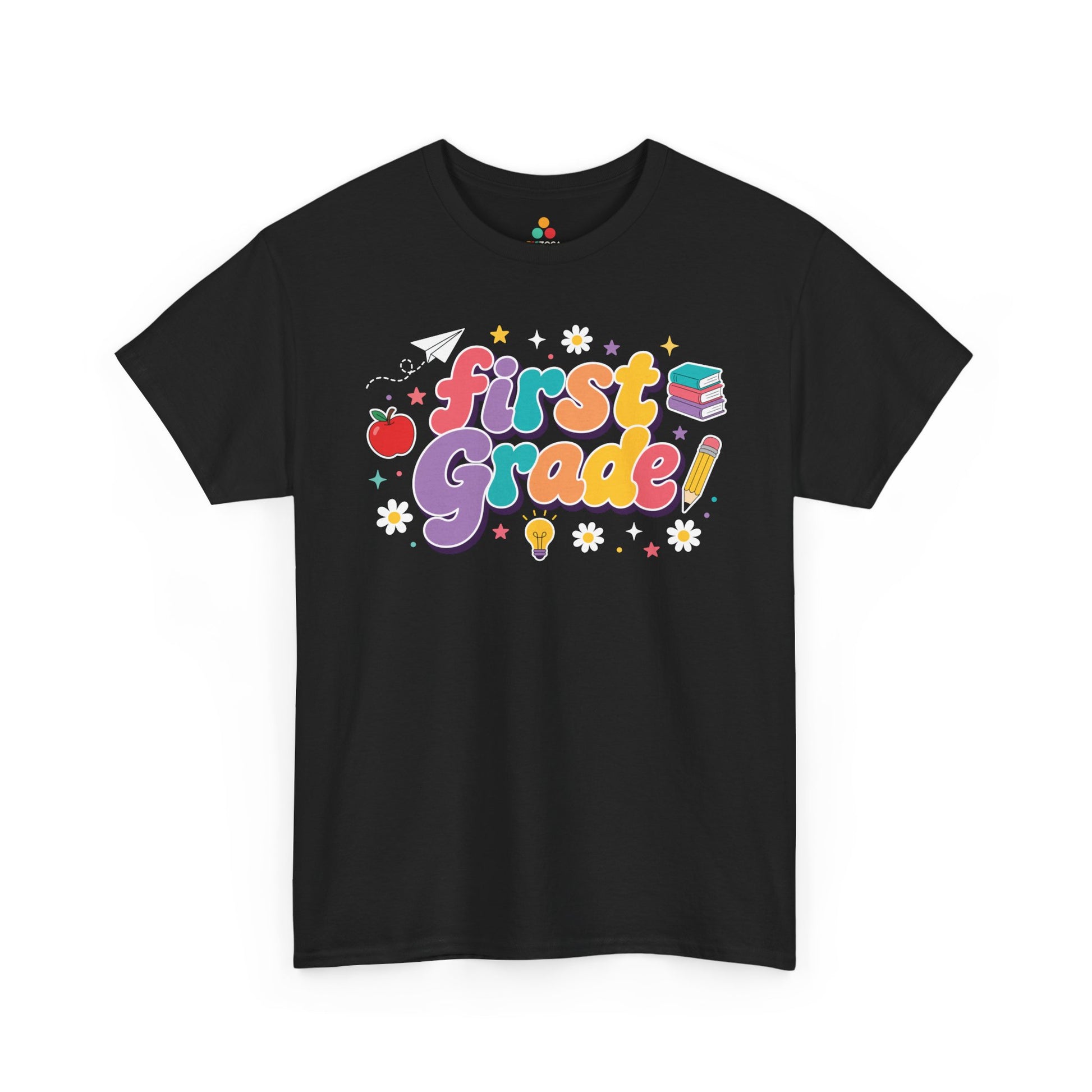 Black t-shirt with 'first grade!' text and colorful graphics on a white background. Colorful TEEZOCA first grade teacher t-shirt with coral, lavender, teal, peach, and yellow lettering, created for classroom teams.