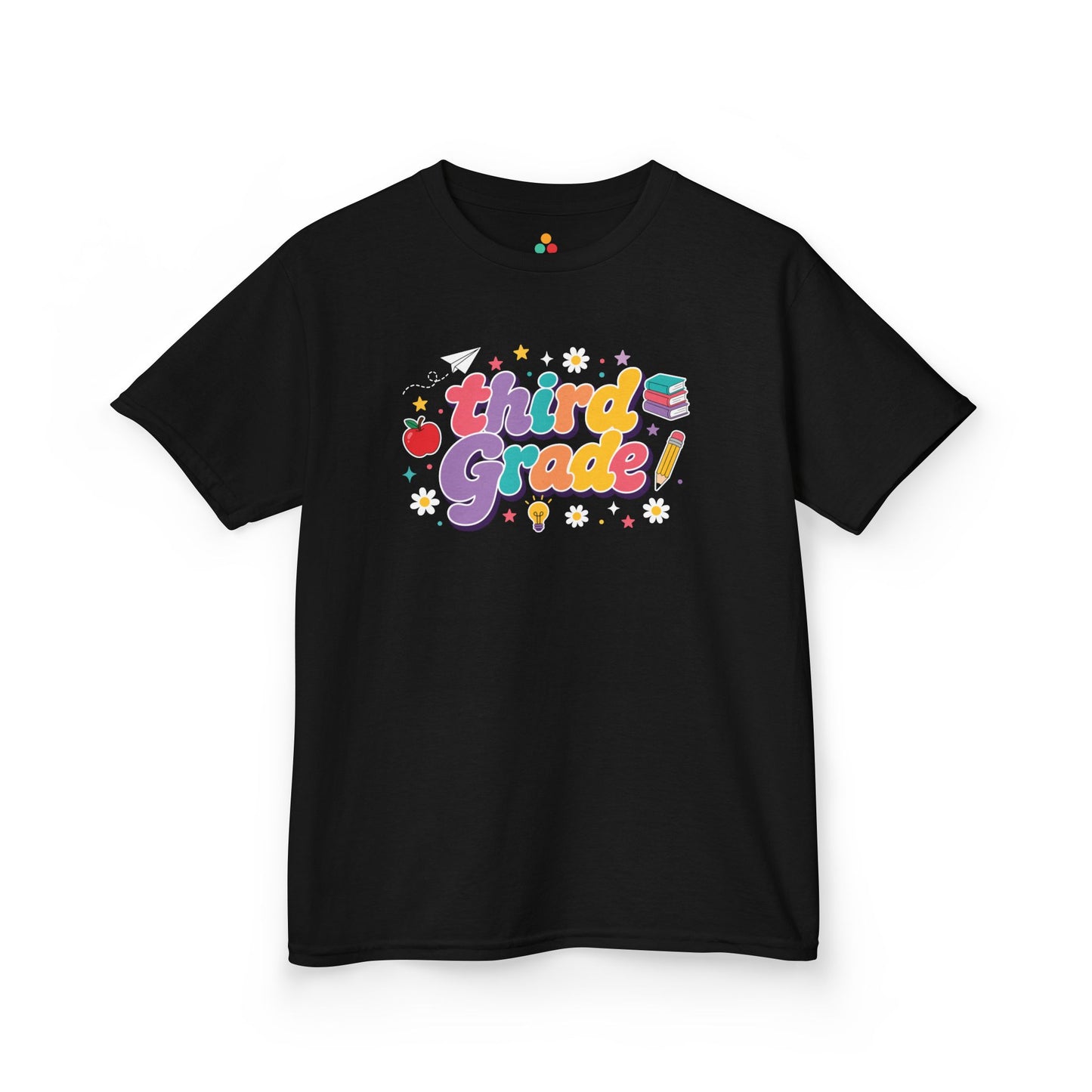 Black t-shirt with 'third Grade!' text and graphics on a white background. Bright TEEZOCA t-shirt featuring Third Grade word art, an apple, pencil, books, and a first day of third grade shirt look.