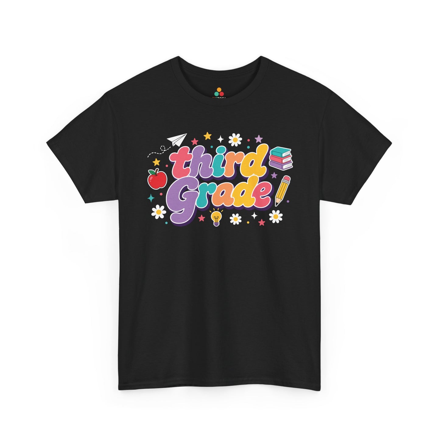 Black t-shirt with 'third grade!' text and educational graphics on a white background. Colorful TEEZOCA third grade teacher t-shirt with coral, lavender, teal, peach, and yellow lettering, created for classroom teams.