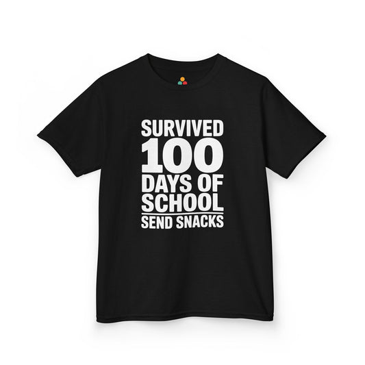 Black t-shirt with white text 'SURVIVED 100 DAYS OF SCHOOL SEND SNACKS' on a white background
