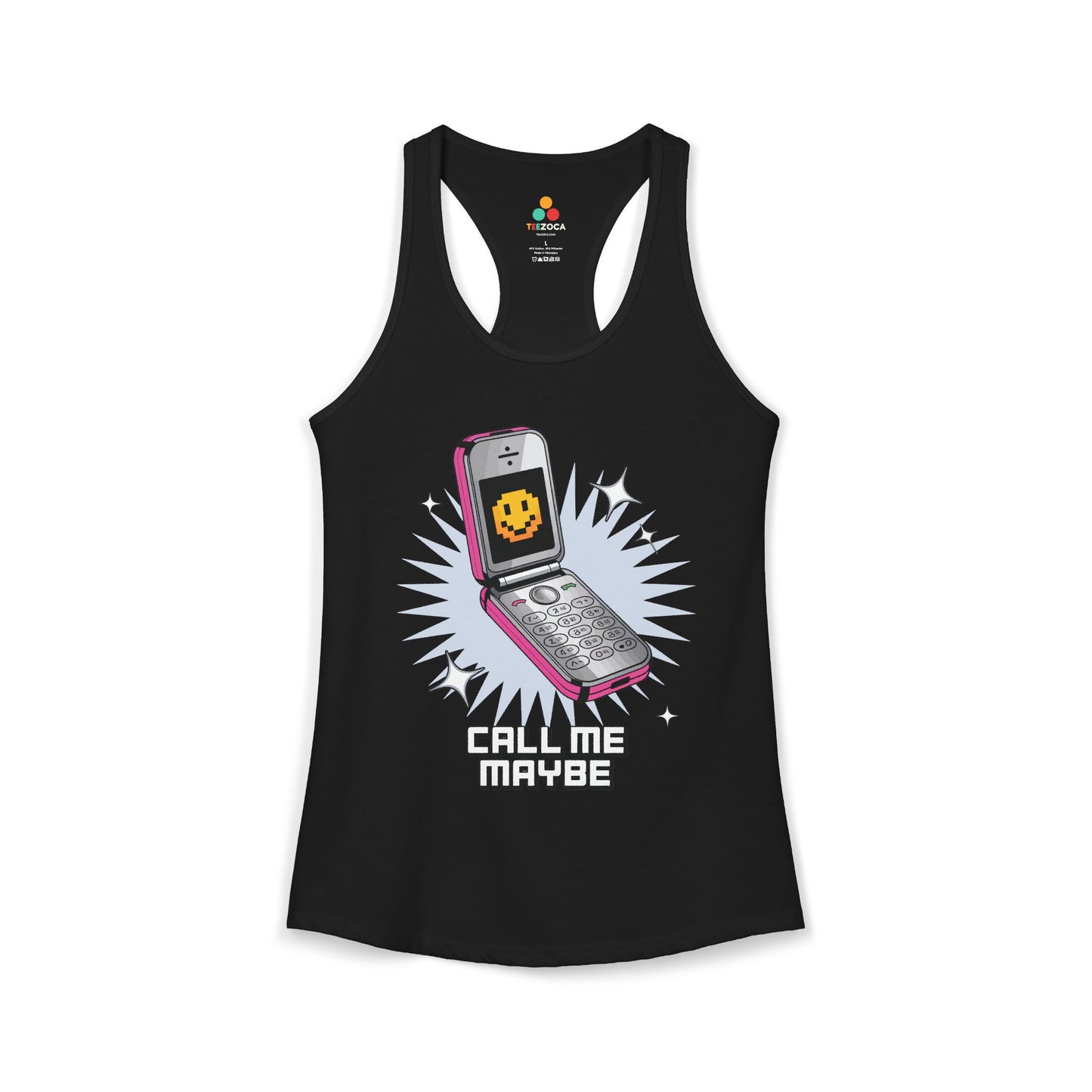 Black tank top with a graphic of a pink phone and 'Call Me Maybe' text on a white background. TEEZOCA women’s tank top featuring nostalgic flip phone illustration