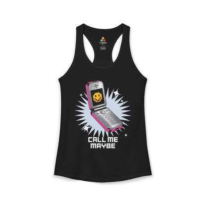 Black tank top with a graphic of a pink phone and 'Call Me Maybe' text on a white background. TEEZOCA women’s tank top featuring nostalgic flip phone illustration