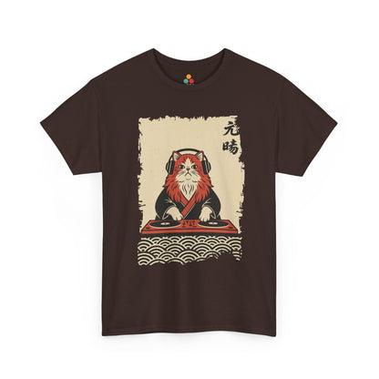 Black vintage Japanese ukiyo-e style DJ cat with turntables and waves On a Brown Tee shirt