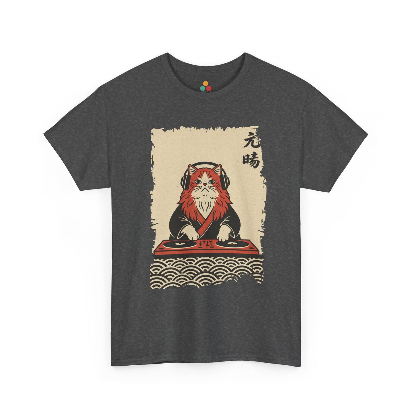 Black vintage Japanese ukiyo-e style DJ cat with turntables and waves On a Gray Tee shirt