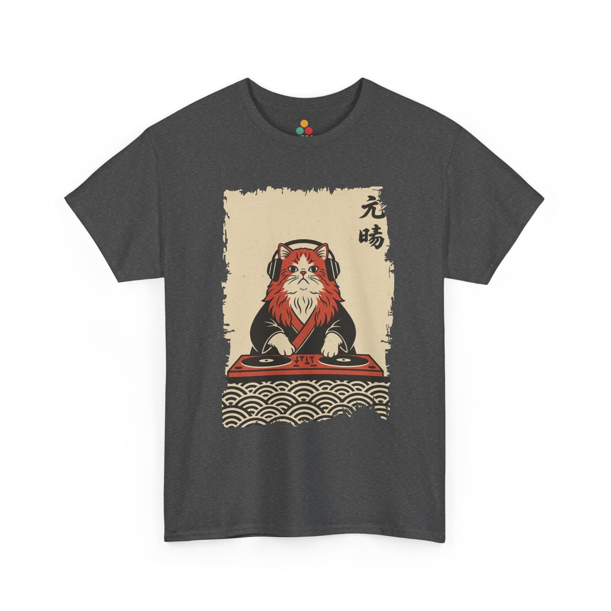 Black vintage Japanese ukiyo-e style DJ cat with turntables and waves On a Gray Tee shirt