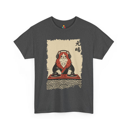 Black vintage Japanese ukiyo-e style DJ cat with turntables and waves On a Gray Tee shirt