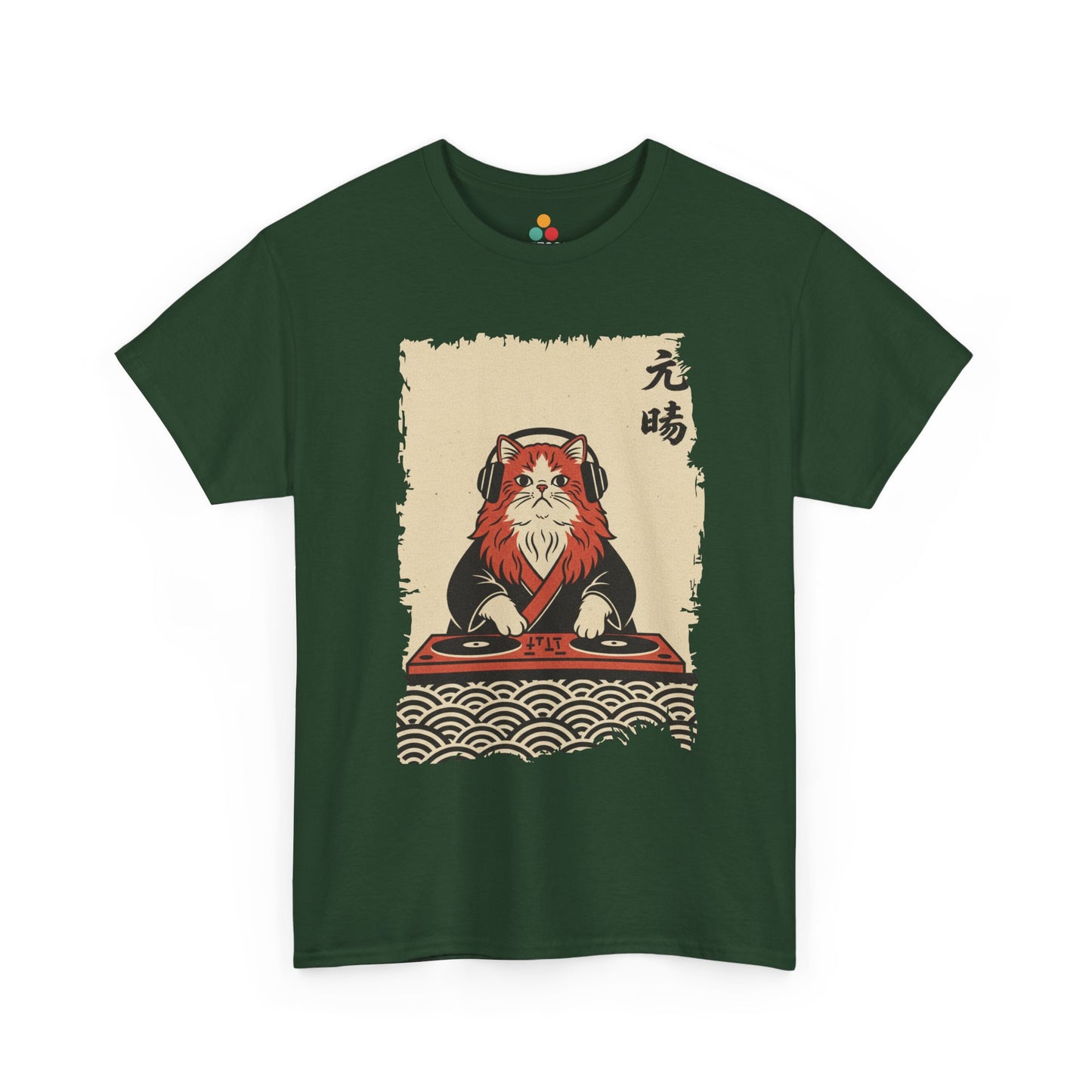 Black vintage Japanese ukiyo-e style DJ cat with turntables and waves On a Green Tee shirt