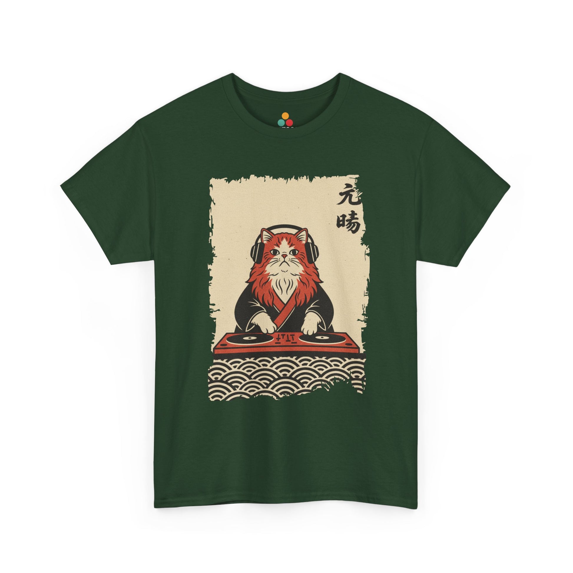 Black vintage Japanese ukiyo-e style DJ cat with turntables and waves On a Green Tee shirt