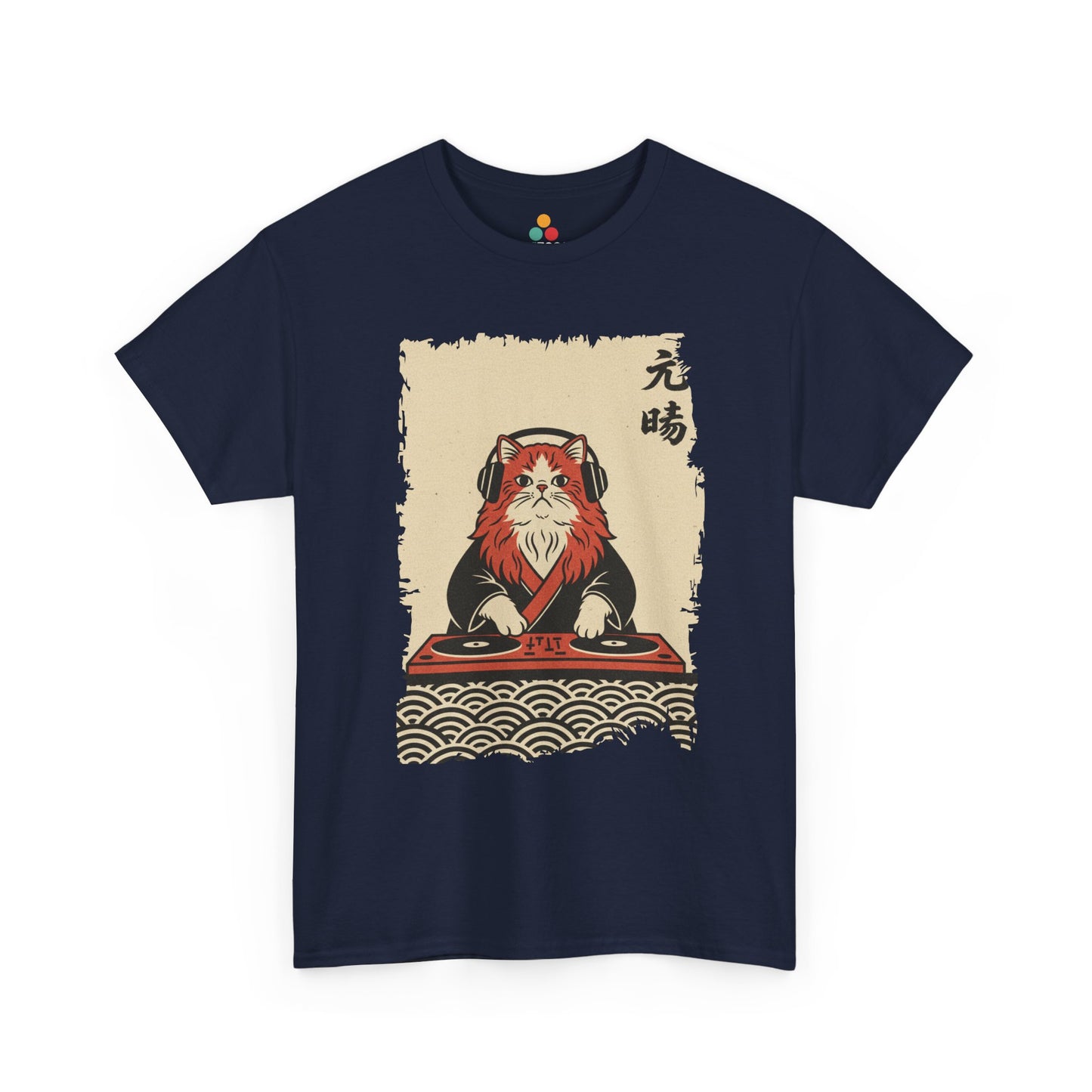 Black vintage Japanese ukiyo-e style DJ cat with turntables and waves On a Navy Tee shirt