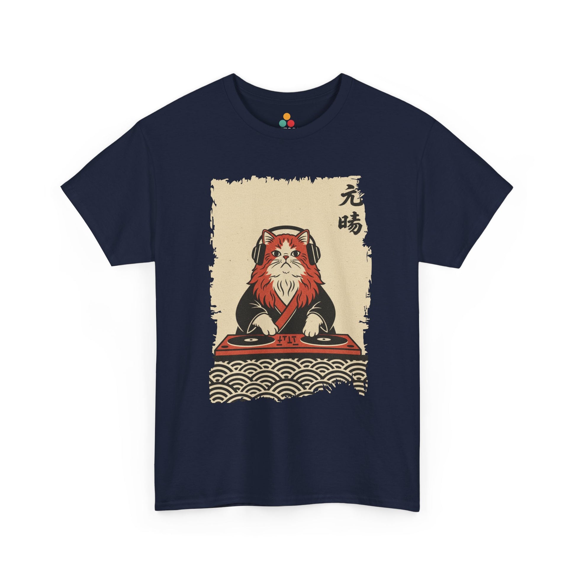 Black vintage Japanese ukiyo-e style DJ cat with turntables and waves On a Navy Tee shirt