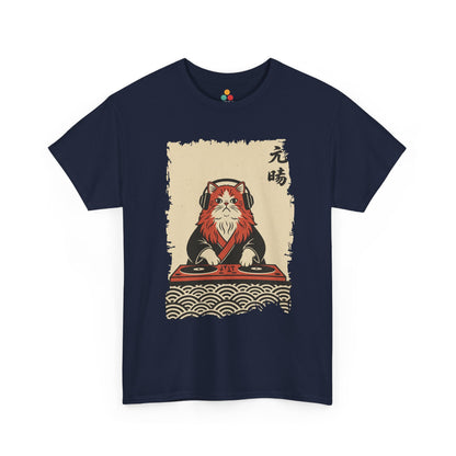 Black vintage Japanese ukiyo-e style DJ cat with turntables and waves On a Navy Tee shirt