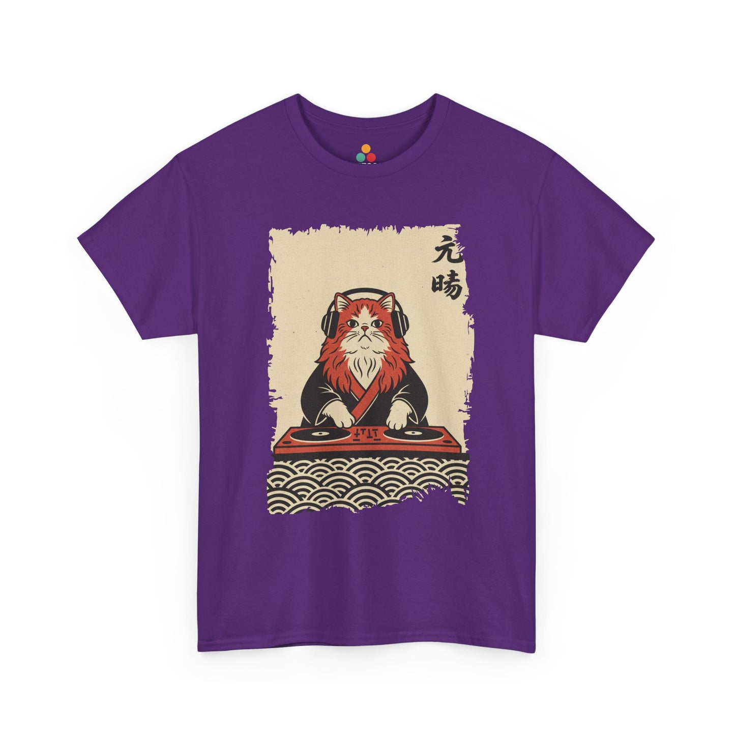 Black vintage Japanese ukiyo-e style DJ cat with turntables and waves On a Purple Tee shirt