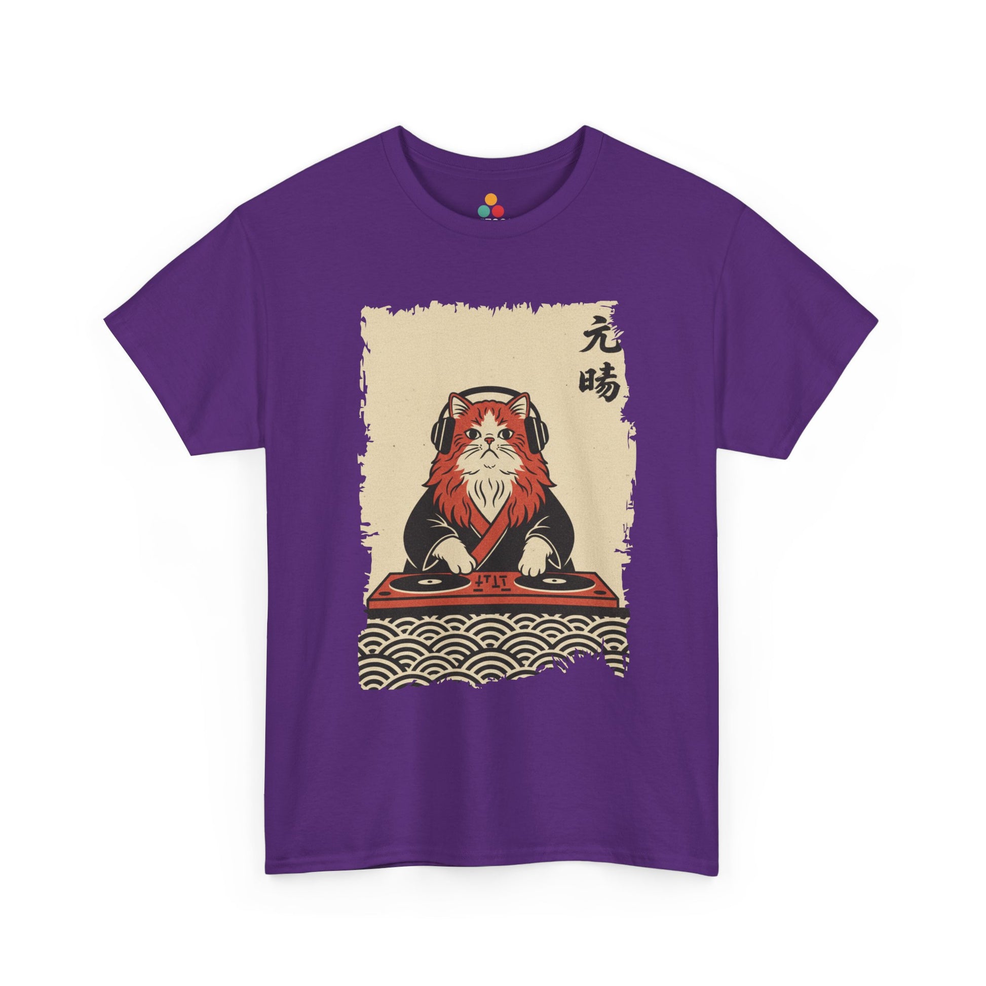 Black vintage Japanese ukiyo-e style DJ cat with turntables and waves On a Purple Tee shirt