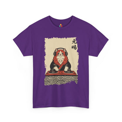 Black vintage Japanese ukiyo-e style DJ cat with turntables and waves On a Purple Tee shirt