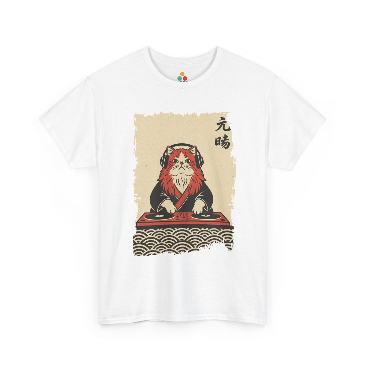 Black vintage Japanese ukiyo-e style DJ cat with turntables and waves On a White Tee shirt