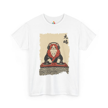 Black vintage Japanese ukiyo-e style DJ cat with turntables and waves On a White Tee shirt