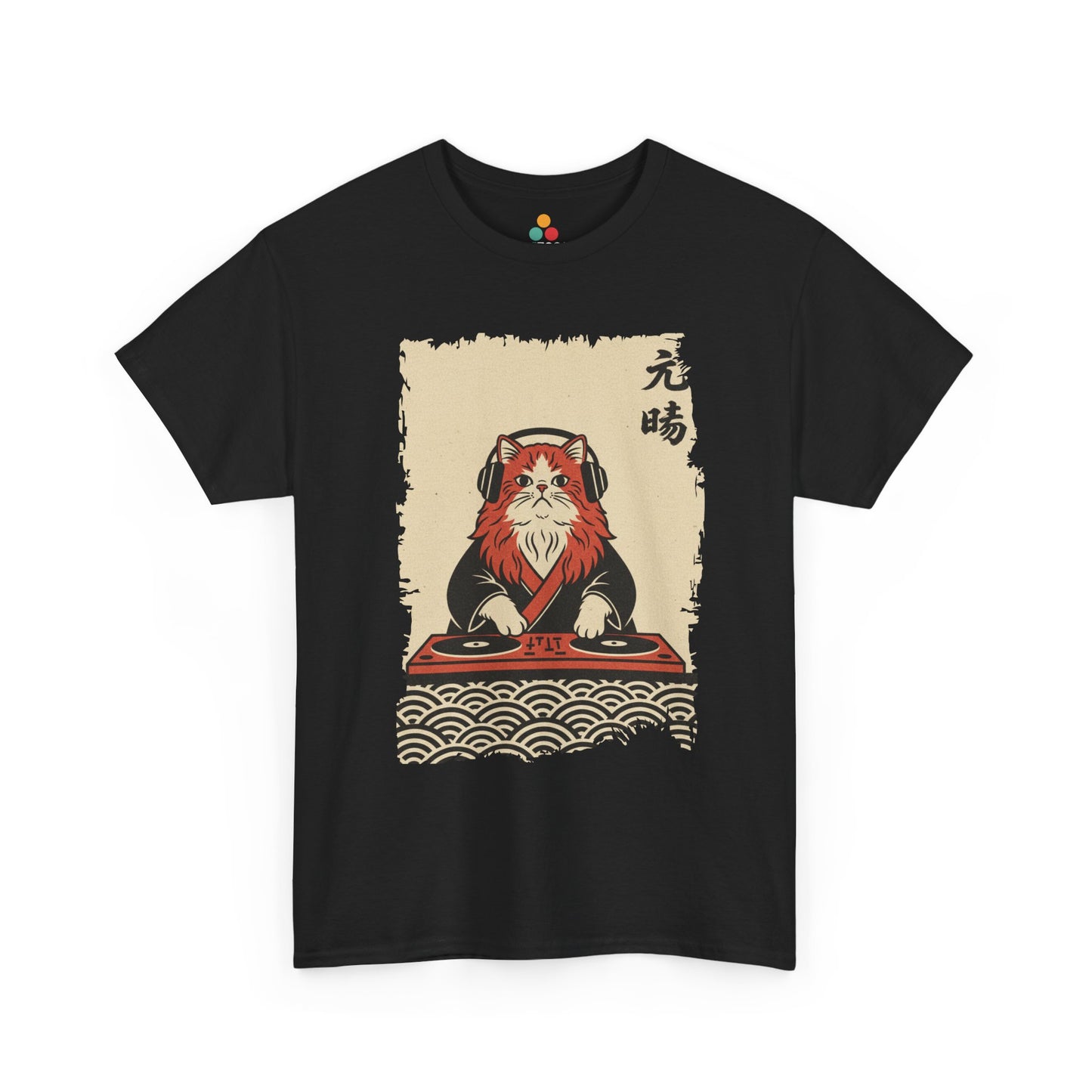 Black vintage Japanese ukiyo-e style DJ cat with turntables and waves On a black Tee shirt